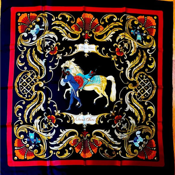 Hermes Scarf 90 "Cheval Turc" Turk Black, Gold, Red 100% Silk Scarf 35" Vintage - Picture 1 of 3